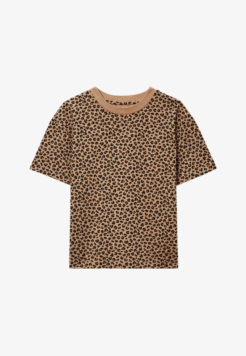 T-shirt marron à manches courtes avec motif léopard noir et col rond marron uni.