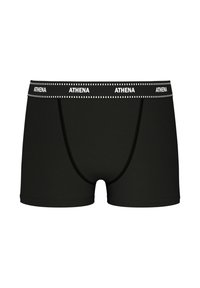 Caleçons noirs en tissu lisse, dotés d'une ceinture élastique de marque avec "ATHENA" en blanc et des détails de couture contrastés.