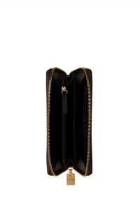 Black zip wallet with gold hardware, featuring multiple card slots, a central zip pocket, and textured interior. Flattened design for easy storage.