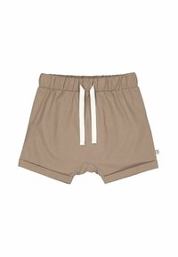 Pantaloni corti marroni con cintura elastica e cordino bianco. Presentano un orlo arrotolato e una texture del tessuto morbida. Progettati per comfort e facilità.