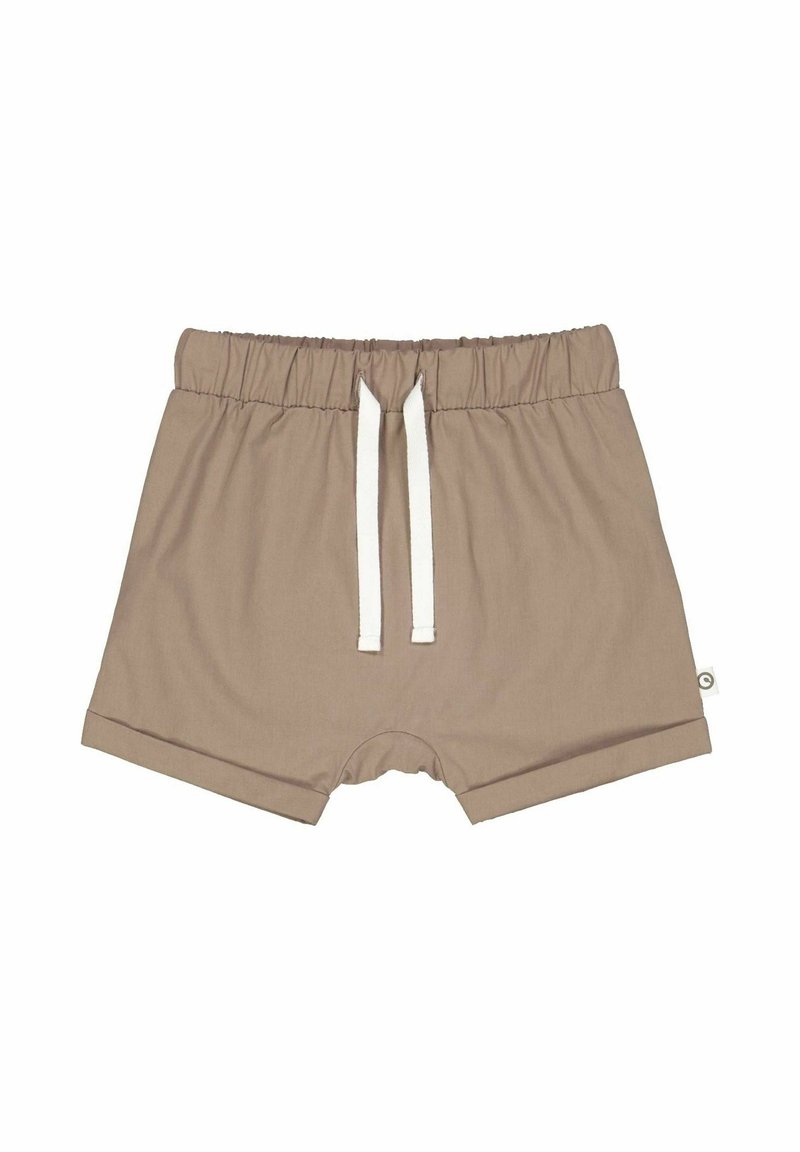 Pantaloni corti marroni con cintura elastica e cordino bianco. Presentano un orlo arrotolato e una texture del tessuto morbida. Progettati per comfort e facilità.