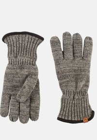 Gray knitted gloves with ribbed cuffs, featuring a dark trim. The texture is soft, and the design accommodates individual fingers.