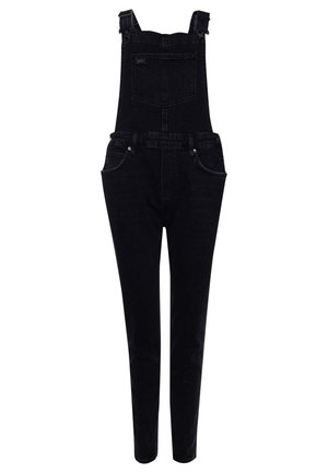 Sorte denim-overalls med justerbare skulderstropper, front brystlomme, sidelommer og tilspidsede ben.