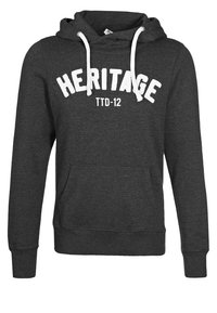 Felpa con cappuccio grigio scuro con lacci bianchi, tasca frontale e la scritta "HERITAGE TTO-12" stampata in bianco sul petto.