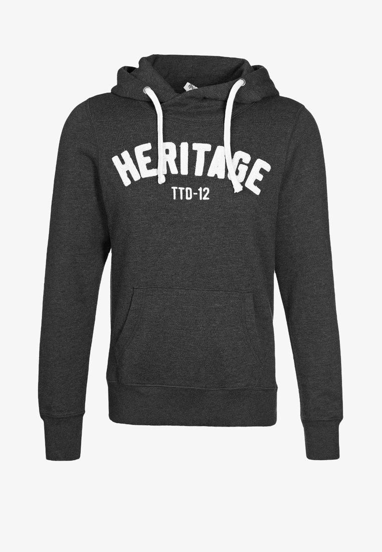 Felpa con cappuccio grigio scuro con lacci bianchi, tasca frontale e la scritta "HERITAGE TTO-12" stampata in bianco sul petto.