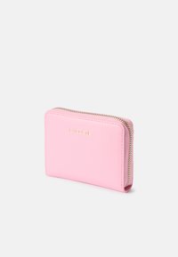 Pink leather wallet with a zip closure, featuring a gold embossed logo on the front, rectangular shape, and smooth texture.