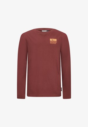 Lange mouw maroon katoenen T-shirt met een ronde hals en een gele "RETOUR" opdruk op het bovenste linkerborstgebied.