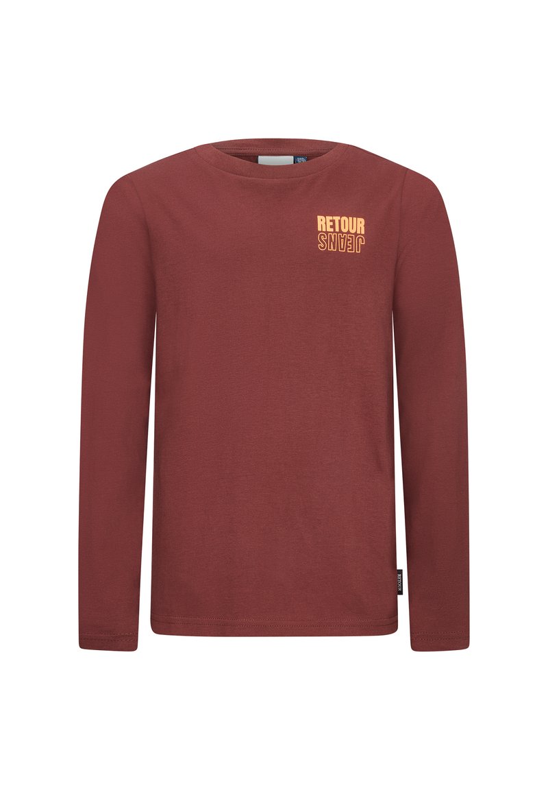 T-shirt in cotone bordeaux a maniche lunghe con scollo rotondo e grafica gialla "RETOUR" nella parte superiore sinistra del petto.