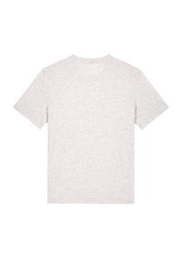 T-shirt gris clair à manches courtes fabriqué en tissu doux. Design classique à col rond sans motifs ni caractéristiques distinctives.