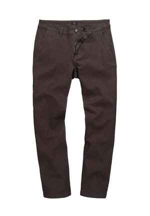 Bruine katoenen broeken met een recht been ontwerp, ritssluiting, knoopsluiting en voorzakken. Getextureerde stof met een gladde afwerking.