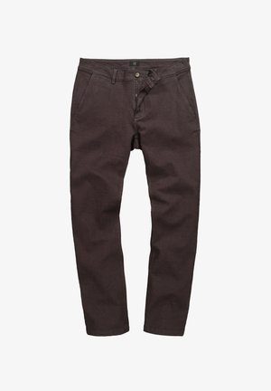 Braune Baumwollhosen mit geradem Bein, Reißverschluss, Knopfverschluss und Fronttaschen. Texturierter Stoff mit glatter Oberfläche.