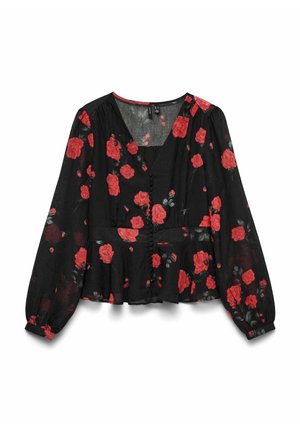 Černá květinová blůza s dlouhými rukávy, zdobená vzorem červených růží, s výstřihem do V, knoflíkovými detaily a peplum lemem. Lehká tkanina.