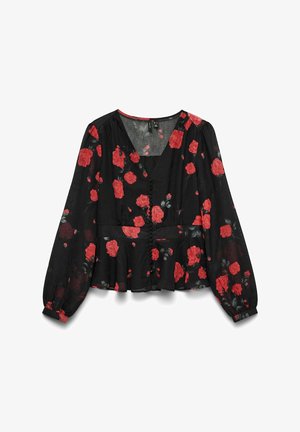 Černá květinová blůza s dlouhými rukávy, zdobená vzorem červených růží, s výstřihem do V, knoflíkovými detaily a peplum lemem. Lehká tkanina.