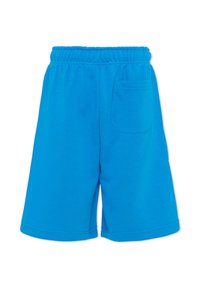 Pantaloncini in cotone blu con vita elasticizzata, taglio al ginocchio e una tasca posteriore singola. Tessuto liscio, senza motivi o dettagli.