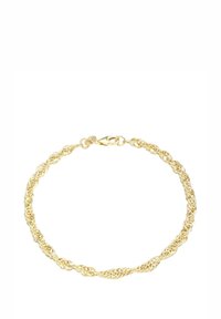 Braccialetto delicato in oro con catena a corda intrecciata e chiusura a moschettone su sfondo bianco.