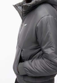 Veste grise matelassée avec un col montant, fermeture éclair, poches latérales et poignets élastiques. Présente un motif texturé subtil et un logo sur la poitrine.