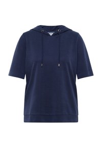 Námorně modrá mikina s krátkým rukávem vyrobená z měkké látky, s kapucí na šňůrku a volným střihem. Jednoduchý design bez dalších vzorů.