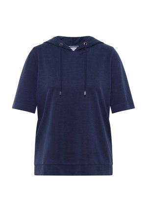 Sudadera de manga corta azul marino hecha de tela suave, con capucha ajustable y un corte relajado. Diseño sencillo sin patrones adicionales.