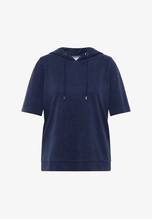 Marineblå kortærmet hoodie lavet af blødt stof, med en hætte med snor og en afslappet pasform. Enkel design uden yderligere mønstre.