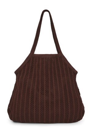 Borsa a rete marrone con fondo rotondo, motivo a strisce verticali e due manici lunghi progettati per un facile trasporto.