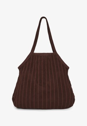 Borsa a rete marrone con fondo rotondo, motivo a strisce verticali e due manici lunghi progettati per un facile trasporto.