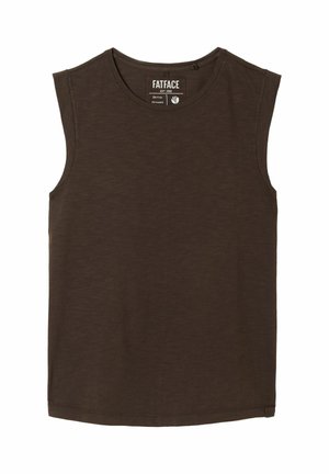 Top maro închis fără mâneci cu gât rotund, etichetă de brand FatFace în interiorul gulerului, design simplu și tiv drept.