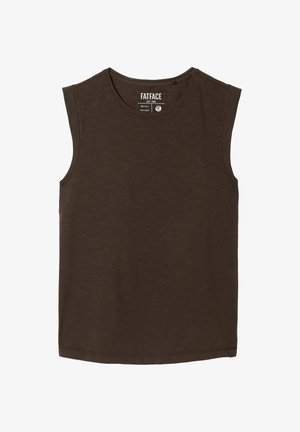 Top maro închis fără mâneci cu gât rotund, etichetă de brand FatFace în interiorul gulerului, design simplu și tiv drept.