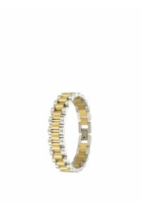 Bracciale bicolore in metallo con sezioni alternate in oro e argento, dotato di una texture liscia e lucida e anelli arrotondati.