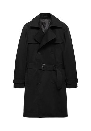Zwarte trenchcoat met een dubbelgebreide voorkant, grote opstaande kraag, ceintuur in de taille en manchetmouwen. Glad stoffen oppervlak.