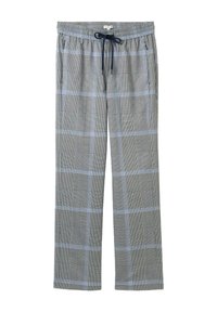 Grijze en blauwe geruite broek met een elastische tailleband, verstelbare trekkoord en zijzakken. Het materiaal lijkt zacht met een geweven structuur.