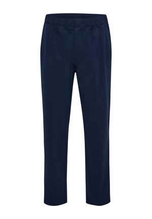 Marineblauwe rechte broek met elastische tailleband en verborgen vooraan sluiting, geschikt voor casual of werk.