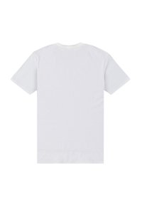 Bílý bavlněný tričko s krátkým rukávem, kulatým výstřihem a hladkou texturou. Žádné viditelné logo ani vzory. Jednoduchý, klasický design.