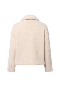 Beige, lange mouwen, pluche fleece jack met een brede kraag, van achteren weergegeven op een witte achtergrond.