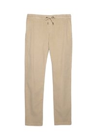Pantalones de algodón beige con cintura ajustable, piernas rectas y una tela suave y texturizada. Sin bolsillos ni adornos visibles.
