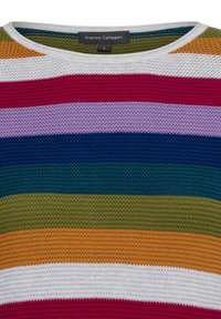 Mehrfarbiger gestrickter Pullover mit horizontalen Streifen in Rot, Pink, Lila, Blau, Grün und Orange. Verfügt über einen Rundhals und einen strukturierten Stoff.