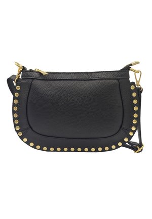 Sac en cuir noir porté en bandoulière, orné de clous dorés formant un contour sur le devant, avec une fermeture éclair et des fermoirs en métal doré.