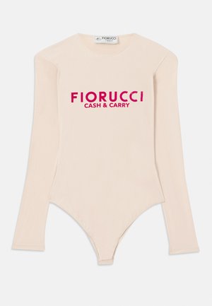 Long-sleeve nude bodysuit made from soft fabric, featuring a scoop neckline and bold pink "Fiorucci CASH & CARRY" logo across the chest.