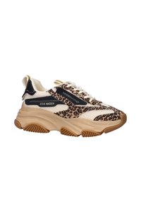Chunky Sneakers mit einer Mischung aus beige Mesh und Leopardenmusterstoff, schwarzen Akzenten, beige Gummisohle und Schnürdesign.