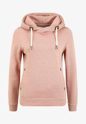 Roosa kapuutsiga dressipluus, mis on valmistatud pehmest kangast, suure kapuutsi, nööride ja külgaktsentidega. Lihtne disain, millel on mugav lõige ja soonilised mansetid.