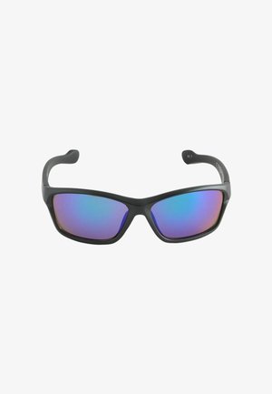 Čierne športové slnečné okuliare s obopínajúcim rámom a modro-fialovými zrkadlovými šošovkami.