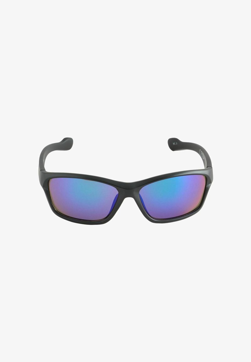 Črna športna sončna očala z okvirjem, ki se ovija okoli glave, in modro-vijoličnimi zrcaljenimi stekli.
