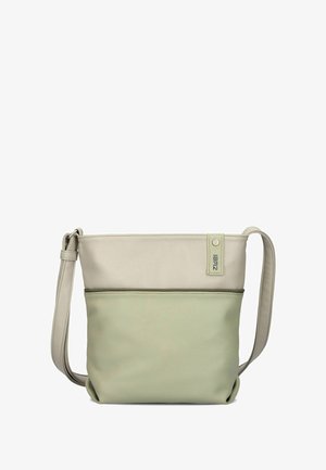 Klein crossbody tasje in beige en lichtgroen met verstelbare band en een klein stoffen label in de rechterbovenhoek.
