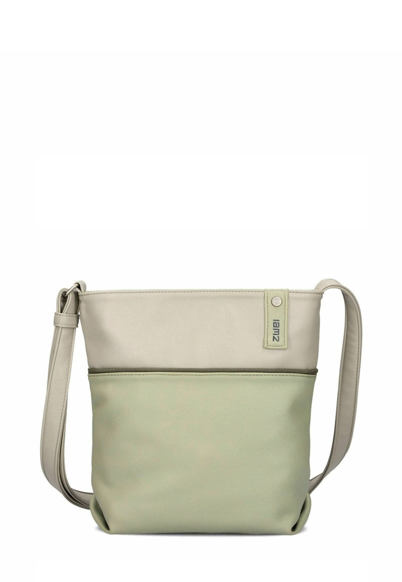 Piccola borsa a tracolla in beige e verde chiaro con tracolla regolabile e una piccola etichetta di tessuto nell'angolo in alto a destra.