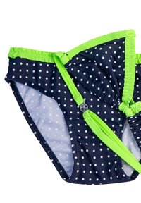 Bikini w kolorze granatowym w kropki z jasnoniebieskimi elastycznymi wykończeniami i zapięciami. Posiada gładką strukturę i niski krój.