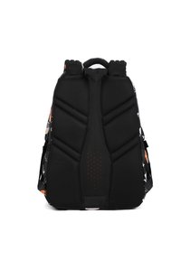 Zwarte rugzak met een gevoerde mesh achterkant en ergonomisch ontwerp. Heeft kleurrijke zijpatronen, verstelbare schouderbanden en een handvat aan de bovenkant.