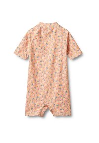 Kortærmet onesie i blødt, let stof; ferskenbaggrund med et blomstermønster i blå, pink og gul; trykknaplukning i bunden.