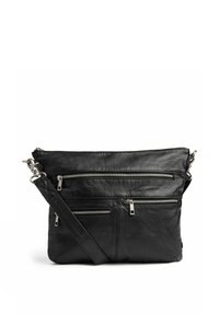 Borsa a tracolla nera in pelle con più zip, tracolla regolabile, texture liscia e forma rettangolare. Design pulito con hardware minimale.