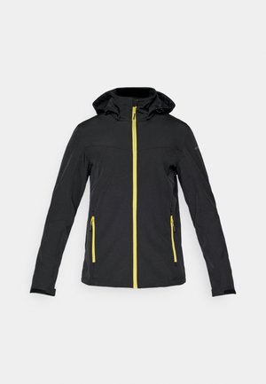 Chaqueta negra con cremallera y detalles amarillos. Presenta una capucha, dos bolsillos laterales y un diseño ajustado. Está hecha de un material suave y flexible.