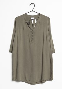 Olive green top with a V-neck, 3/4 sleeves, and button front closure. Made of soft fabric; features subtle tie detail at the neck.