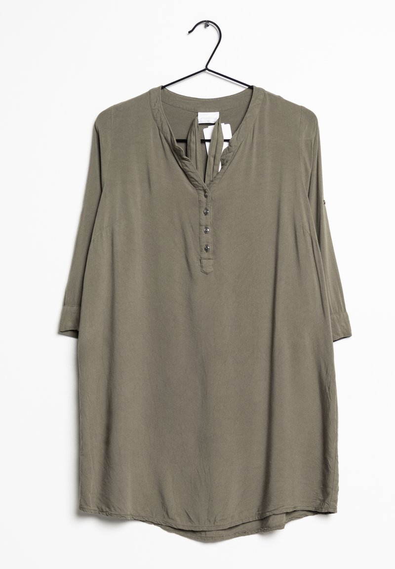 Olive green top with a V-neck, 3/4 sleeves, and button front closure. Made of soft fabric; features subtle tie detail at the neck.